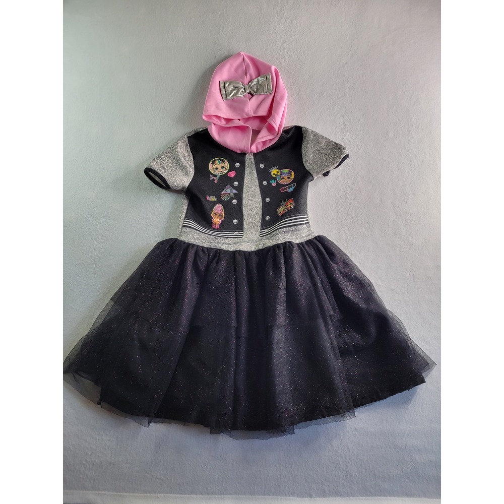 LOL Surprise Girls Hooded Tutu Dress Pink Silver Bow Black Glitter Skirt Size 7